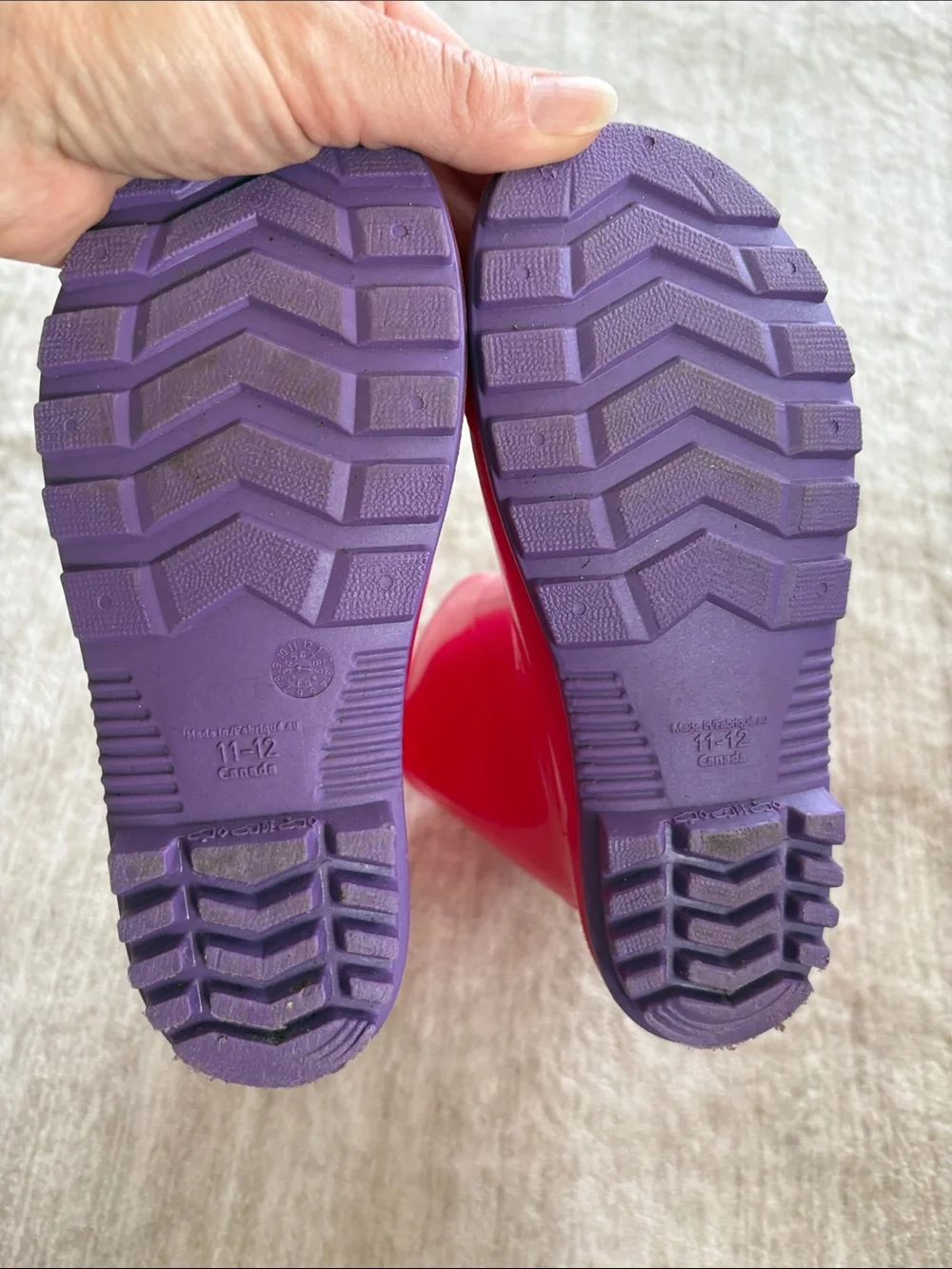 Rain boots - Girls Pink with Purple Sole Rain Boots - Size 11-12